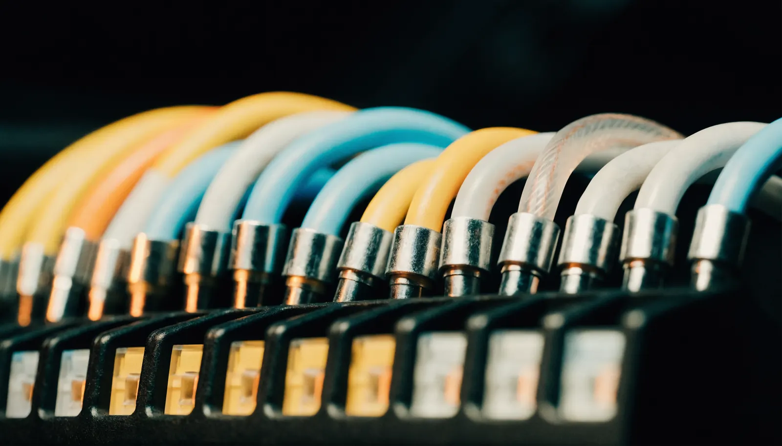 A fused distribution block filled with blade fuses and a row of neatly crimped cables