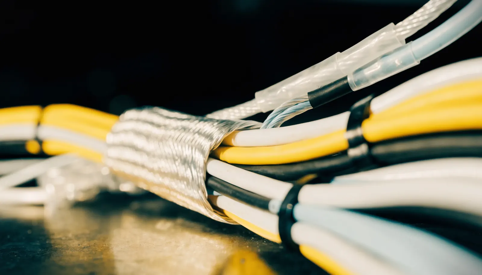 An automotive wiring loom part way through construction, with braided sleeving and heat shrink