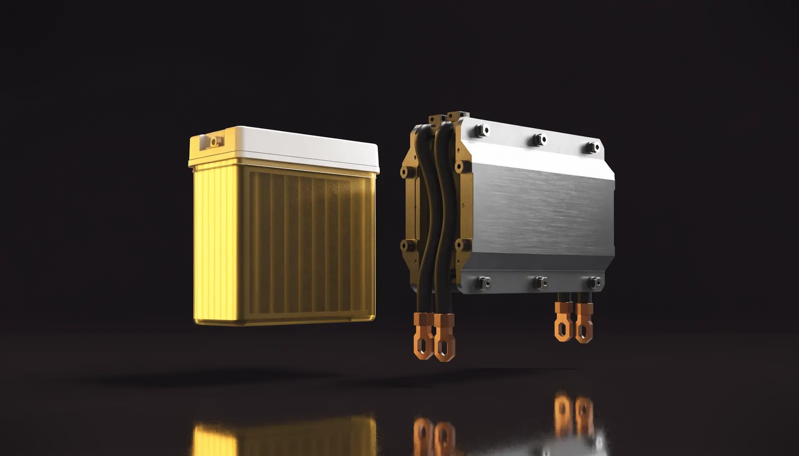 A deep cycle auxiliary battery beside a DC to DC charger with heavy cable lugs